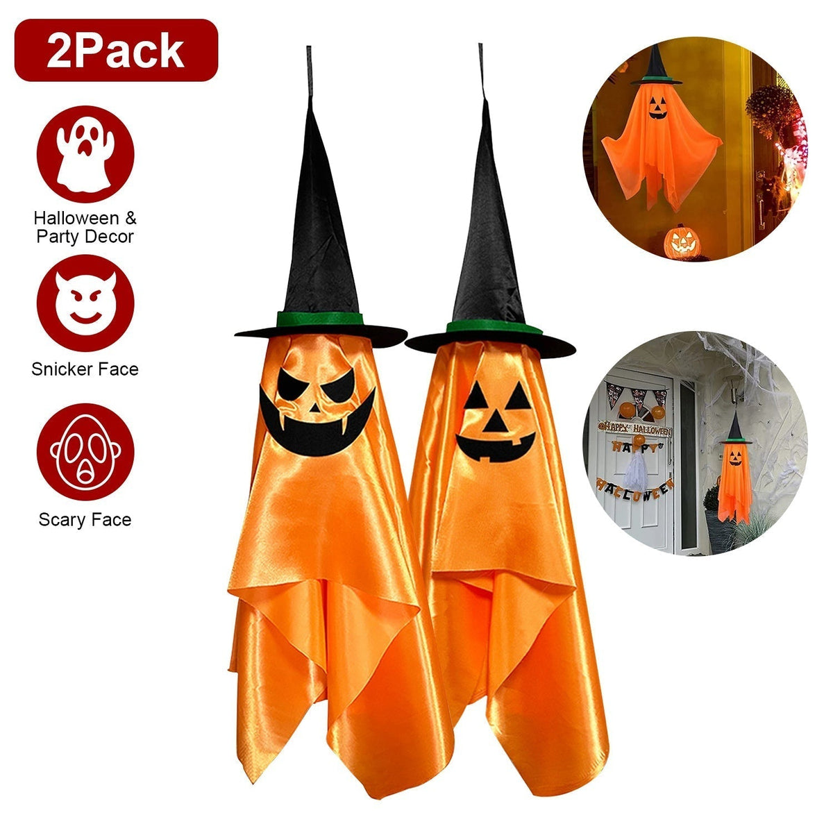 2 Pack Hanging Ghosts with Wizard Hat Snicker Scary Face Halloween Party Hanging Decorations Pumpkin Wizard Hat for Eave Tree Porch
