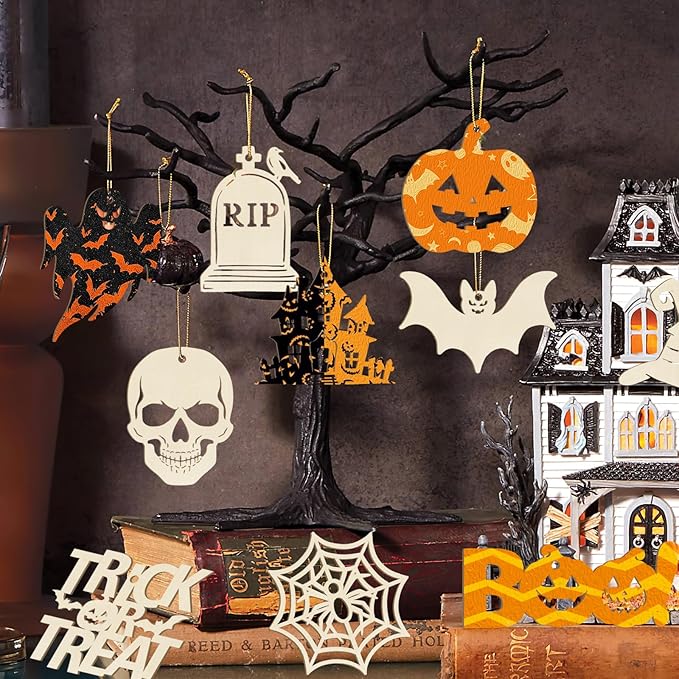 36PCS Wooden Halloween Ornaments to Paint Fall Decorations, 12 Styles DIY Blank Autumn Unfinished Wood Skull Pumpkin Ghost Bat Boo Trick or Treat Halloween Cutouts Ornament for Crafts Party Hanging