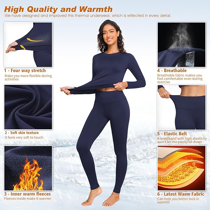 Thermal Underwear Women Long Johns Set Fleece Lined Warm Base Layer Long Sleeve for Weather Top Bottom Pajama