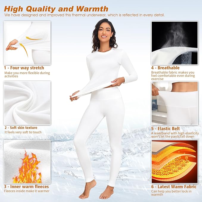 Thermal Underwear Women Long Johns Set Fleece Lined Warm Base Layer Long Sleeve for Weather Top Bottom Pajama