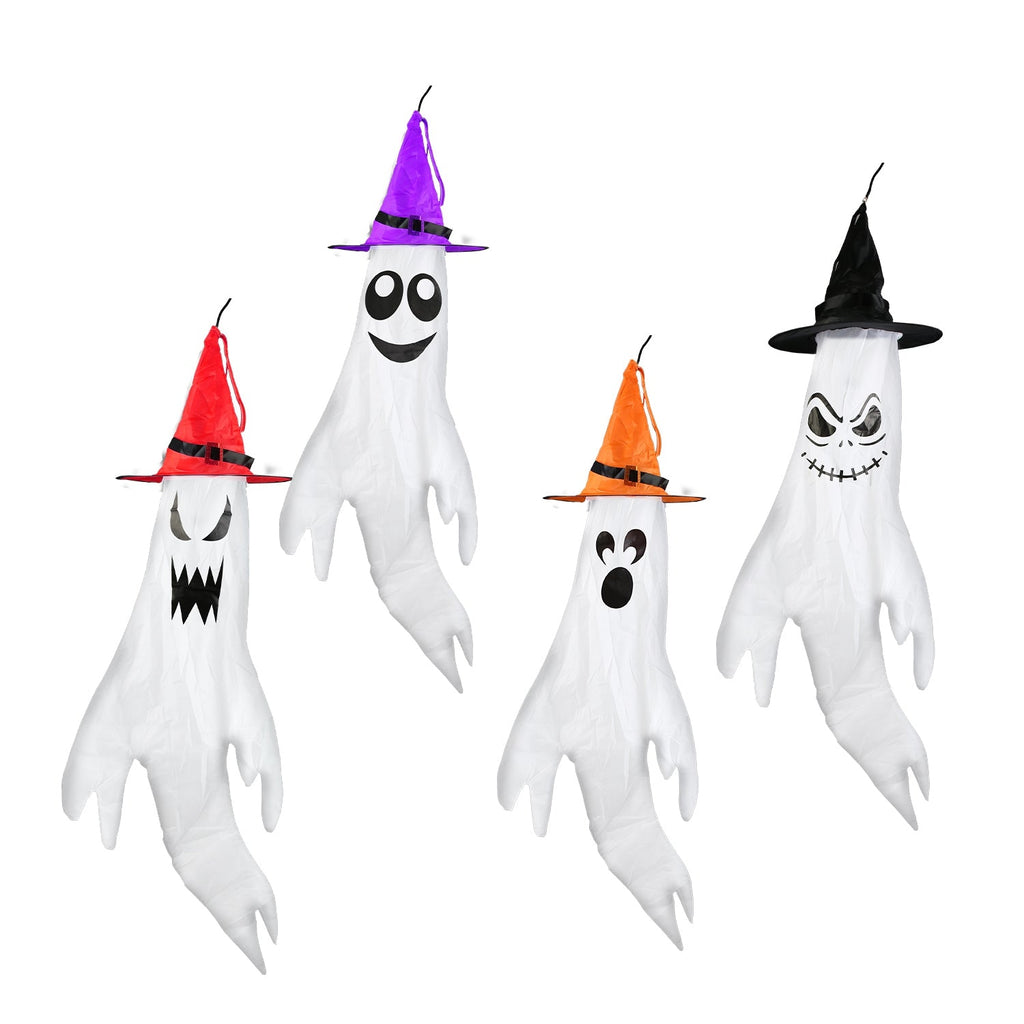 4Pcs Halloween Ghosts With Witch Hats Windsocks Hanging Decoration With Colorful LED Light Outdoor Flag Wind Socks Halloween Party Decoration For Yard