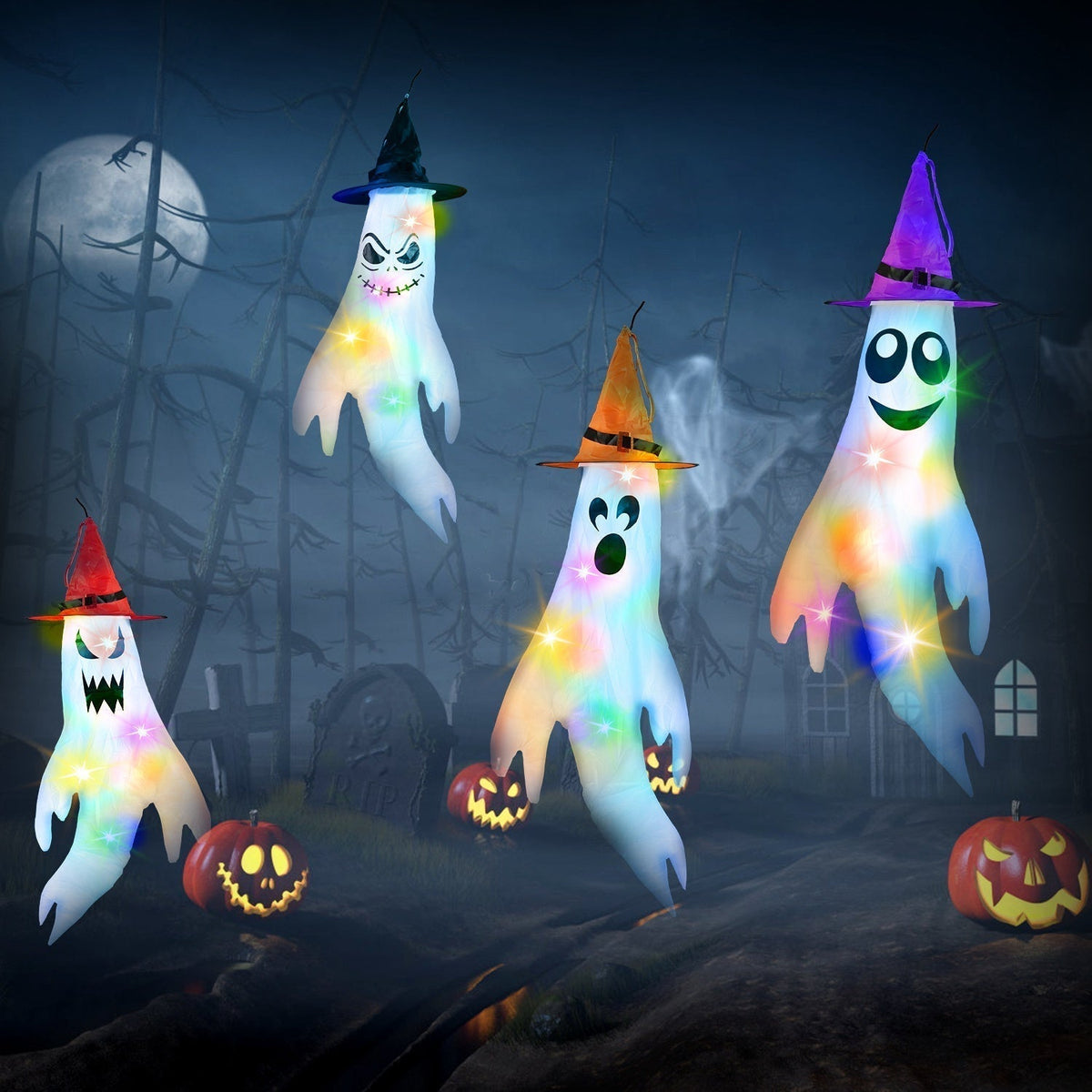 4Pcs Halloween Ghosts With Witch Hats Windsocks Hanging Decoration With Colorful LED Light Outdoor Flag Wind Socks Halloween Party Decoration For Yard