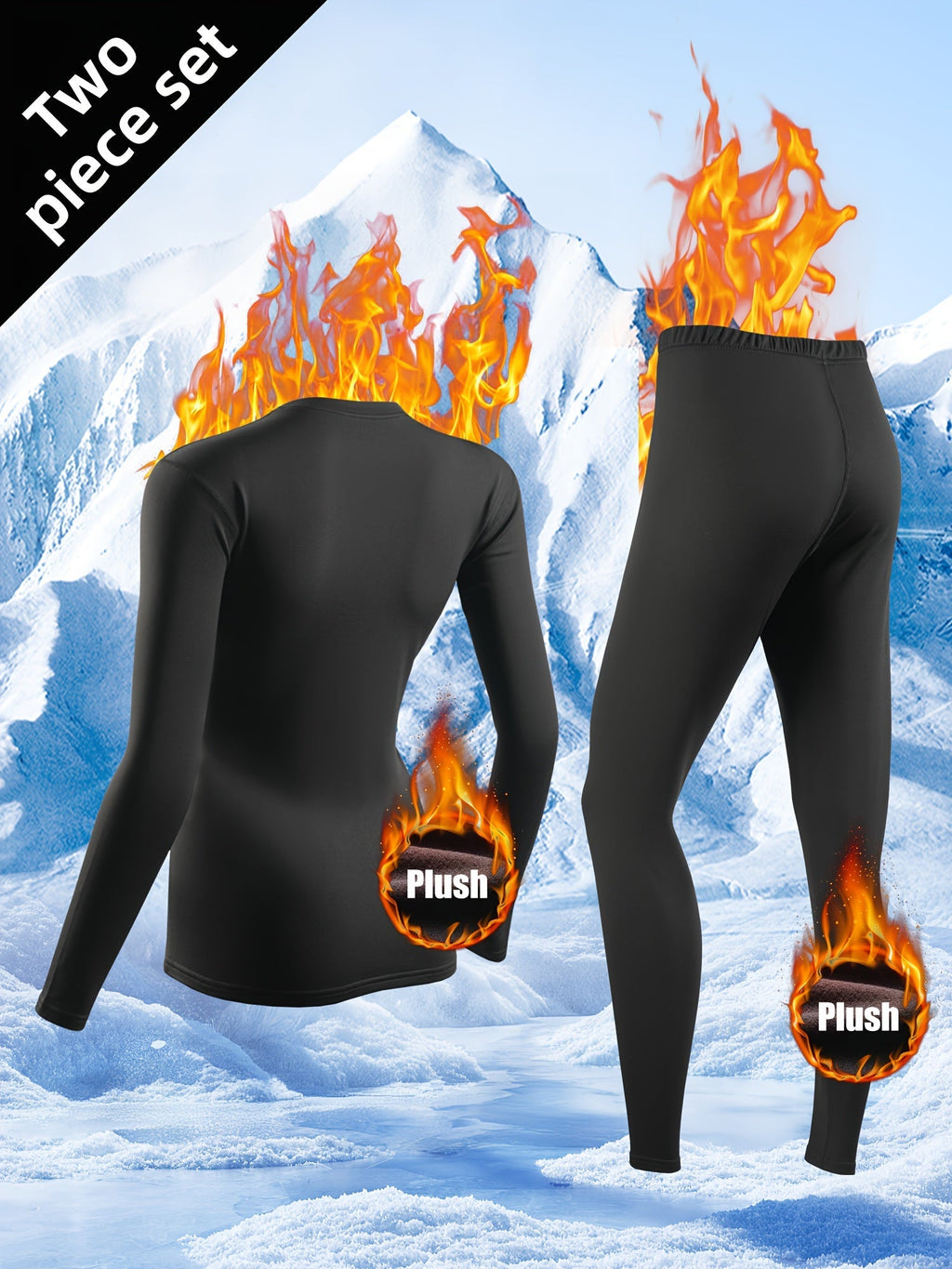 Women's Thermal Underwear Set in Black with a Long-Sleeve Crew Neck Top and Matching Base Layer Pants
