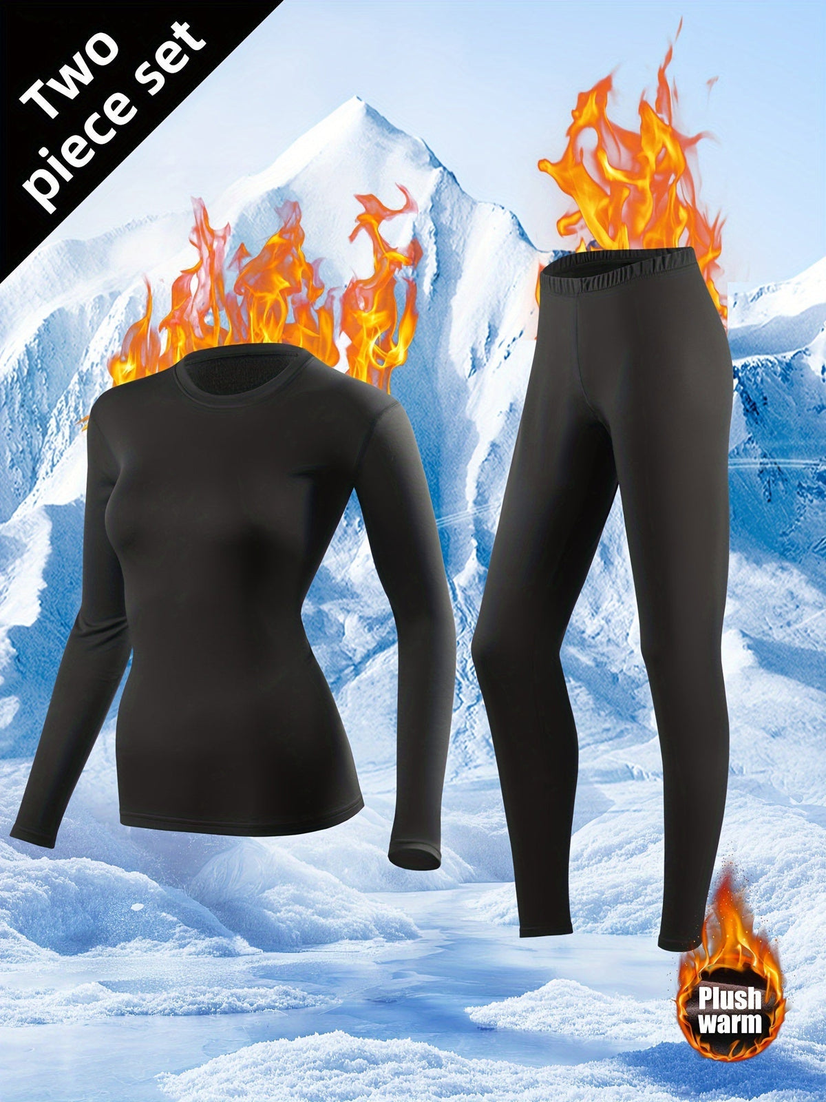 Women's Thermal Underwear Set in Black with a Long-Sleeve Crew Neck Top and Matching Base Layer Pants